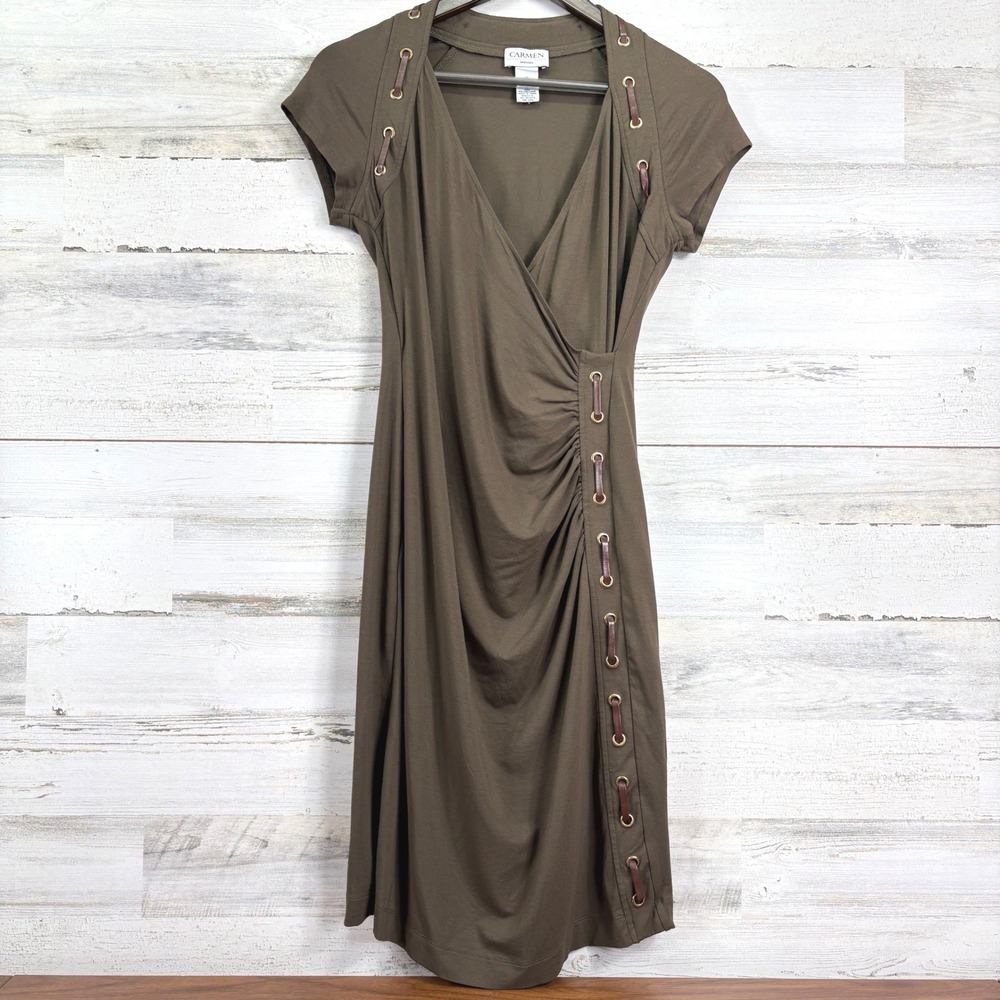 CARMEN MARC VALVO Olive Green‎ Faux Leather Grommet Detail Wrap Dress Size M
